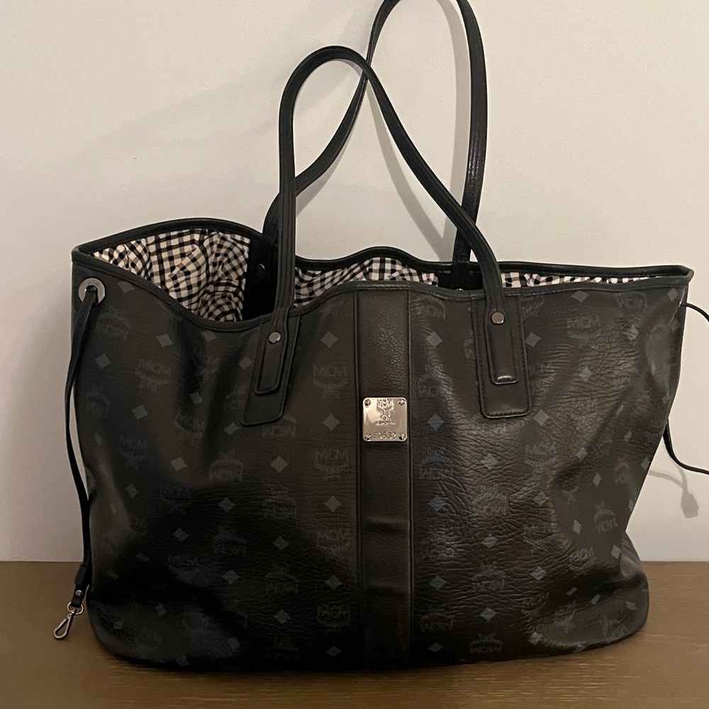 MCM Black Leather Tote with Logo Pattern